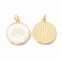 Honeyhandy Rack Plating Brass Pendants with Jump Ring, with Enamel, Long-Lasting Plated, Cadmium Free & Lead Free, Flat Round with Rainbow, White, 18x15x2mm, Hole: 3mm