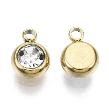 Honeyhandy Vacuum Plating 201 Stainless Steel Rhinestone Charms, Birthstone Charms, Flat Round, Real 18K Gold Plated, Crystal, 8.5x6x3mm, Hole: 1.5mm