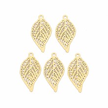 Honeyhandy Rack Plating 201 Stainless Steel Filigree Pendants, Etched Metal Embellishments, Nickel Free, Leaf, Real 18K Gold Plated, 19x10x0.4mm, Hole: 1.2mm