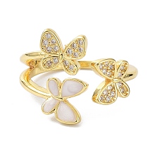 Honeyhandy Butterfly Real 18K Gold Plated Cuff Rings for Girl Women Gift, Brass Micro Pave Cubic Zirconia Open Rings, with Resin, White, US Size 6 3/4(17.1mm)