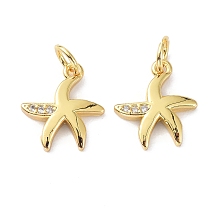 Honeyhandy Brass Micro Pave Cubic Zirconia Charms, with Jump Ring, Long-Lasting Plated, Lead Free & Cadmium Free, Starfish, Real 18K Gold Plated, 13x11x2mm