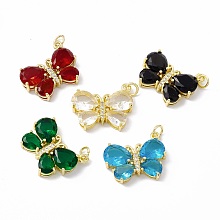 Rack Plating Brass Micro Pave Cubic Zirconia Pendants, Real 18K Gold Plated, Long-Lasting Plated, Cadmium Free & Lead Free, Butterfly, Mixed Color, 19x23x6mm, Jump Ring: 5x1mm, Inner Diameter: 3mm