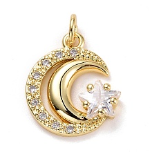 Honeyhandy Brass Micro Pave Clear Cubic Zirconia Pendants, Long-Lasting Plated, Lead Free & Cadmium Free, Moon & Star, Real 18K Gold Plated, 16x14x3.5mm, Hole: 3mm