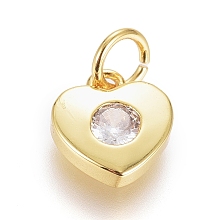 Honeyhandy Brass Micro Pave Cubic Zirconia Pendants, with Jump Ring, Long-Lasting Plated, Heart, Clear, Real 18K Gold Plated, 7.5x7x2mm, Hole: 2.5mm