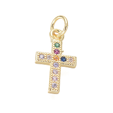 Honeyhandy Brass Micro Pave Cubic Zirconia Tiny Cross Charms, with Jump Rings, Colorful, Golden, 14x8.5x1.5mm, Hole: 3mm