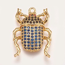 Honeyhandy Brass Micro Pave Cubic Zirconia Pendants, Beetle, Blue, Golden, 22.5x16.5x4mm, Hole: 1.5mm