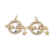 Honeyhandy Brass Micro Pave Colorful Cubic Zirconia Pendants, with Jump Rings, Long-Lasting Plated, Star with Star, Real 18K Gold Plated, 18x24x3mm