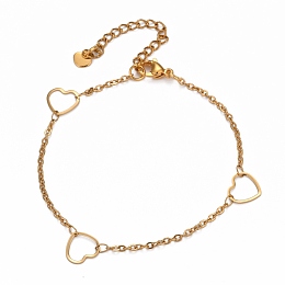 Honeyhandy 304 Stainless Steel Cable Chain Anklets, with Heart Link and Lobster Claw Clasps, Golden, 9-1/8 inch(23.3cm)