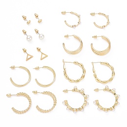 ARRICRAFT Ring & Triangle & Round Stud Earrings, Resin Pearl Beads Half Hoop Earrings, Open Hoop Earrings for Women, Golden, 6~36x3~12mm, Pin: 0.8~0.9mm, 9 pairs/set