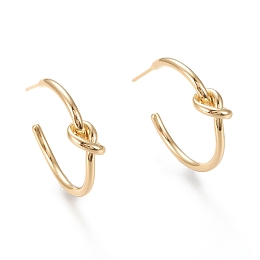 Honeyhandy Brass Half Hoop Earrings, Stud Earring, Long-Lasting Plated, Ring with Knot, Real 18K Gold Plated, 25x30x2~6mm, Pin: 0.7mm