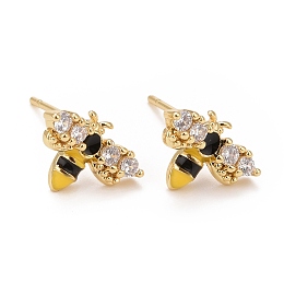 Honeyhandy Clear Cubic Zirconia Bee Stud Earrings with Enamel, Real 18K Gold Plated Brass Jewelry for Women, Cadmium Free & Lead Free, Real 18K Gold Plated, 8.5x12mm, Pin: 0.7mm