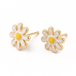 Honeyhandy Enamel Daisy Flower Stud Earrings, Real 18K Gold Plated Brass Jewelry for Women, Cadmium Free & Lead Free, White, 11mm, Pin: 0.7mm