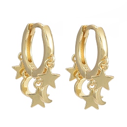 Honeyhandy Brass Huggie Hoop Earrings, Long-Lasting Plated, Star and Moon, Real 18K Gold Plated, 18.5mm, Pin: 0.9mm