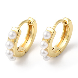 Honeyhandy Plastic Pearl Beaded Hoop Earrings, Rack Plating Brass Jewelry, Lead Free & Cadmium Free, Real 18K Gold Plated, 14x17x3.5mm, Pin: 1mm