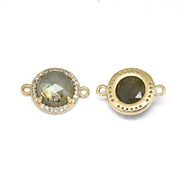 Honeyhandy Natural Labradorite Links connectors, with Brass Findings and Cubic Zirconia, Faceted, Half Round, Golden, 18~18.5x13~13.5x4~4.5mm, Hole: 1.5mm