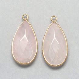 Honeyhandy Natural Rose Quartz Pendants, with Golden Tone Brass Findings, Faceted, teardrop, Pink, 32.5~33x16x6mm, Hole: 2.5mm