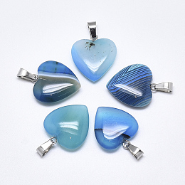 Honeyhandy Natural Banded Agate/Striped Agate Pendants, Dyed, with Stainless Steel Snap On Bails, Heart, Stainless Steel Color, Sky Blue, 22~24x20~21x5~7mm, Hole: 3~4x7~8.5mm