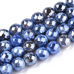 Honeyhandy Electroplate Natural Agate Beads Strands, Dyed, Faceted, Pearl Luster Plated, Round, Cornflower Blue, 8.5x7~8mm, Hole: 1.2mm, about 47~48pcs/strand, 13.78 inch~13.98 inch(35cm~35.5cm)