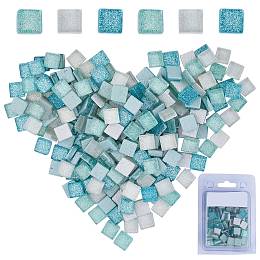 GORGECRAFT Glass Cabochons, Mosaic Tiles, with Glitter Powder, for Home Decoration or DIY Crafts, Square, Mixed Color, 10x10x4.5mm, about 220pcs/box