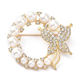 Honeyhandy Alloy Brooch, with Plastic Imitation Pearl Beads & Rhinestone, Ring with Butterfly, Golden, 38x41x8mm