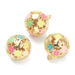 Honeyhandy Brass Enamel Charms, Real 18K Gold Plated, Long-Lasting Plated, Round with Flower, Colorful, 14.5x13mm, Hole: 1mm