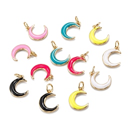 Honeyhandy Real 18K Gold Plated Brass Enamel Pendants, with Jump Rings, Long-Lasting Plated, Moon, Mixed Color, 14x11x2mm, Hole: 3.5mm