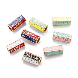 Honeyhandy Real 18K Gold Plated Brass Tube Beads, with Enamel, Hexagon with Star & Word Happy Dream, Mixed Color, 21.5x11x9.5mm, Hole: 7.5x6.5mm