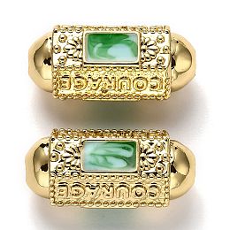 Honeyhandy Brass Enamel Beads, Long-Lasting Plated, Real 18K Gold Plated, Oval & Word Courage & Rectangle, Green, 20.5x9.5x9mm, Hole: 2mm