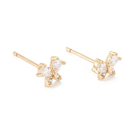 Honeyhandy Brass Micro Pave Clear Cubic Zirconia Stud Earrings, with 925 Sterling Silver Pin, Butterfly, Real 14K Gold Plated, 5x6mm, Pin: 0.7mm