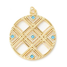 Honeyhandy Rack Plating Brass Micro Pave Clear & Cyan Cubic Zirconia Pendants, Cadmium Free & Nickel Free & Lead Free, Long-Lasting Plated, Flat Round with Hollow Rhombus, Real 18K Gold Plated, 34x29.5x2mm, Hole: 3.3mm