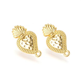 Honeyhandy Brass Stud Earring Findings, with Plastic Ear Nuts and Loop, Long-Lasting Plated, Strawberry, Golden, 25x13x1.5mm, Hole: 1.6mm, Pin: 0.7mm