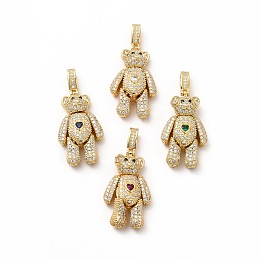 Honeyhandy Rack Plating Brass Micro Pave Cubic Zirconia Pendants, Cadmium Free & Lead Free, Real 18K Gold Plated, Long-Lasting Plated, Mechanical Charm, Bear with Heart Charm, Mixed Color, 32x17.5x8.5mm, Hole: 3x6.5mm