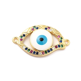 Honeyhandy Brass Micro Pave Colorful Cubic Zirconia Connector Charms, Evil Eye Link, with Enamel, Long-Lasting Plated, Cadmium Free & Nickel Free & Lead Free, Real 18K Gold Plated, 16x29x4.5mm, Hole: 1.5mm