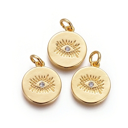 Honeyhandy Brass Pendants, with Cubic Zirconia and Jump Rings, Flat Round with Evil Eye, Clear, Golden, 15x13x1.5mm, Hole: 3mm