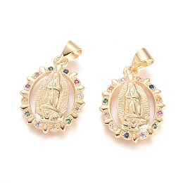 Honeyhandy Brass Micro Pave Cubic Zirconia Pendants, Long-Lasting Plated, Oval with Virgin Mary, Colorful, Golden, 20x15x3mm, Hole: 5x3mm