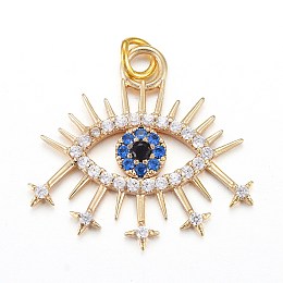 Honeyhandy Brass Micro Pave Cubic Zirconia Pendants, with Jump Rings, Eye, Blue, Real 18K Gold Plated, 19.7x21.1x2mm, Jump Ring: 4.4x0.6mm, Hole: 3.2mm