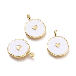 Honeyhandy Brass Enamel Pendants, Flat Round with Heart, Golden, White, 18x13.5x2.5mm, Hole: 3.5x2mm