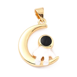 Honeyhandy Brass Enamel Pendants, Long-Lasting Plated, Real 18K Gold Plated, Moon with Astronaut, Black & White, Mixed Color, 21x17x4mm, Hole: 3x5mm