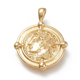 Honeyhandy Brass Pendants, Flat Round with Human, Real 18K Gold Plated, 31.5x24.5x3mm, Hole: 3x5mm