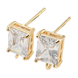 Honeyhandy Brass with Cubic Zirconia Stud Earring Findings, Rectangle, with Vertical Loops, Real 18K Gold Plated, 12x7mm, Hole: 1.6mm, Pin: 0.9mm