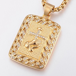 Honeyhandy 304 Stainless Steel Pendant Necklaces, with Rhinestone, Rectangle with Hand & Cross, Golden, 24.4 inch(62cm)