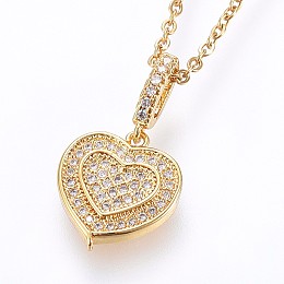 Honeyhandy 304 Stainless Steel Pendant Necklaces, with Cubic Zirconia, Heart, Golden, 17.71 inch(45cm), Pendant: 14x12.5x5mm