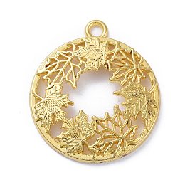 Honeyhandy Autumn Theme Zinc Alloy Open Back Bezel Pendants, For DIY UV Resin, Epoxy Resin, Pressed Flower Jewelry, Flat Round with Maple Leaf, Golden, 34x30x3mm, Hole: 2.5mm