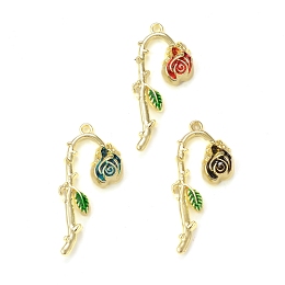 Rack Plating Alloy Enamel Pendants, Rose Flower Charm, Golden, Mixed Color, 38.5x19x5mm, Hole: 1.8mm