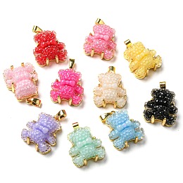 Honeyhandy Druzy Resin Pendants, Bear Charms with Rack Plating Real 18K Gold Plated Brass Findings, Long-Lasting Plated, Cadmium Free & Lead Free, Mixed Color, 17.5x14.5x8.5mm, Hole: 2.5x5mm