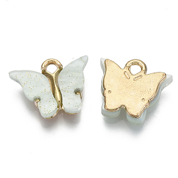 Honeyhandy Alloy Pendants, with Resin and Glitter Powder, Cadmium Free & Lead Free, Butterfly, Golden, Honeydew, 13x13~15x3.5mm, Hole: 2mm