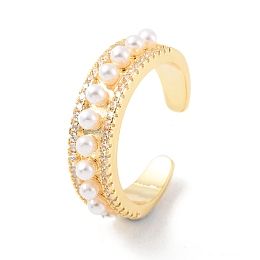 Honeyhandy Plastic Pearl Beaded Open Cuff Ring with Clear Cubic Zirconia, Rack Plating Brass Jewelry for Women, Cadmium Free & Lead Free, Real 18K Gold Plated, Inner Diameter: 18mm