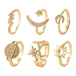 Honeyhandy 6Pcs 6 Styles Brass Micro Pave Clear Cubic Zirconia Cuff Rings, Open Rings, Long-Lasting Plated, Lightning Bolt & Star with Moon & Star & Planet & Sun, Real 18K Gold Plated, Inner Diameter: 16.5~17.5mm, 1pc/style