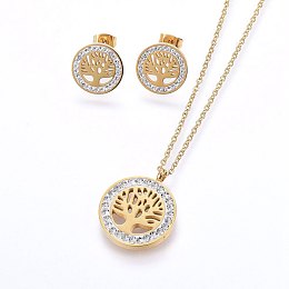 Honeyhandy 304 Stainless Steel Jewelry Sets, Pendant Necklaces and Stud Earrings, with Polymer Clay Rhinestone, Flat Round with Tree of Life, Golden, 17.32 inch(44cm), 14x2mm, Pin: 0.8mm