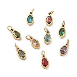 Honeyhandy Vacuum Plating 304 Stainless Steel Pendants, with Cubic Zirconia and Jump Rings, Single Stone Charms, Oval, Golden, Mixed Color, 10x5x3mm, Hole: 3.4mm